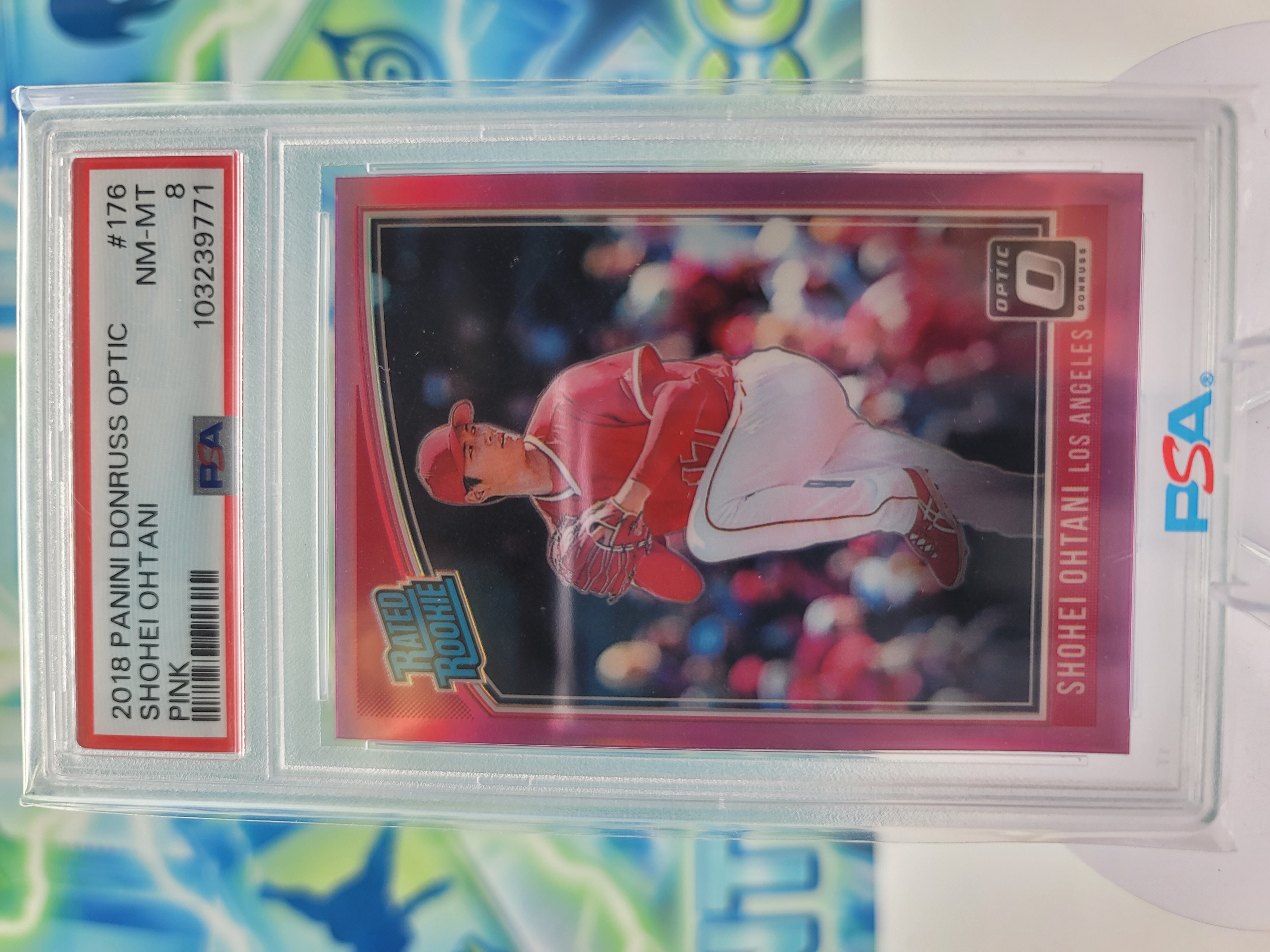 2018 Panini Donruss Optic Shohei Ohtani — 2018 Panini Donruss Optic Rated Rookie Pink Shohei Ohtani Rookie PSA 8.0