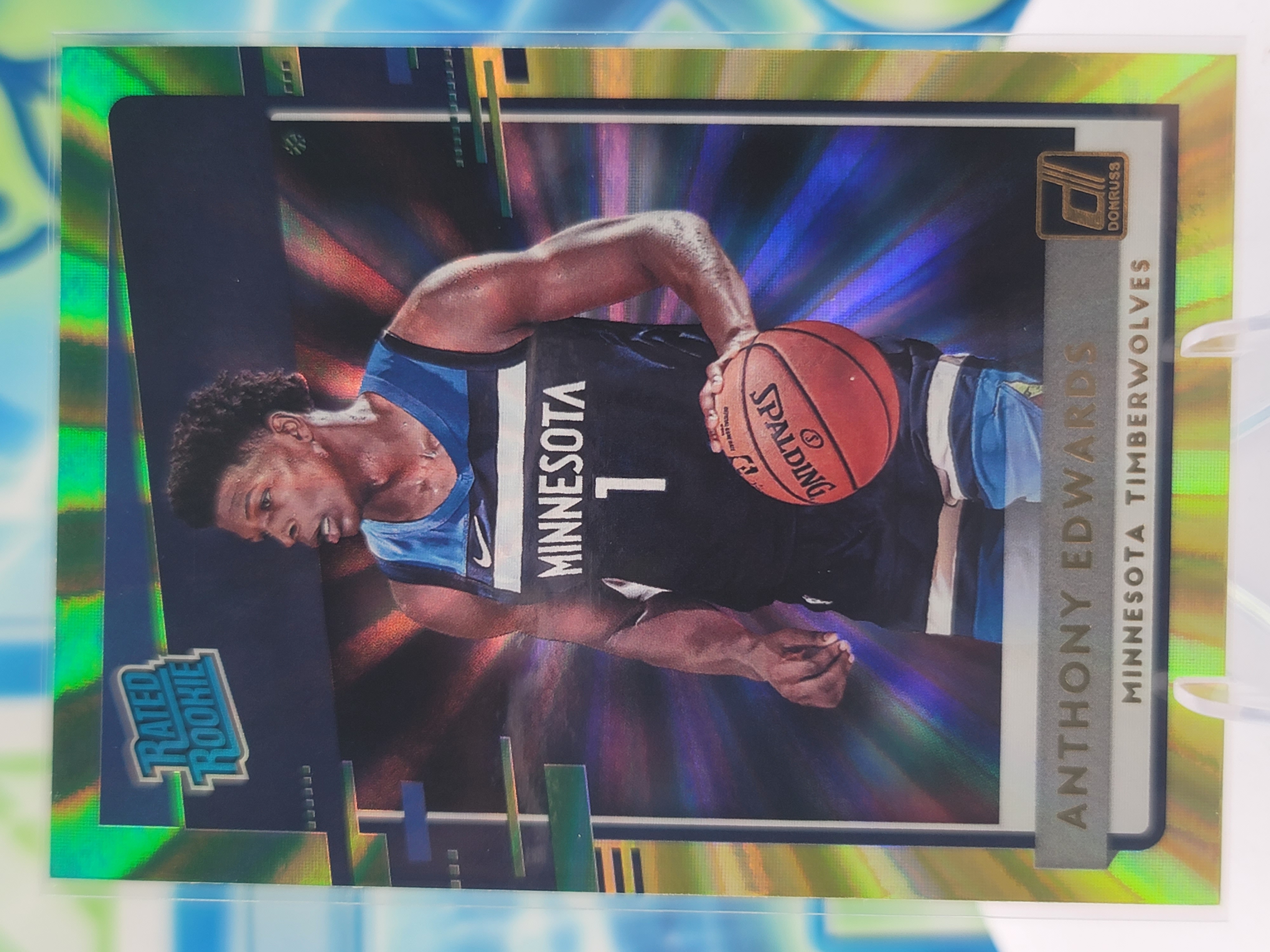 2021 Panini Donruss Anthony Edwards — 2021 Panini Donruss Rated Rookie Yellow and Green Holo Laser Anthony Edwards Rookie