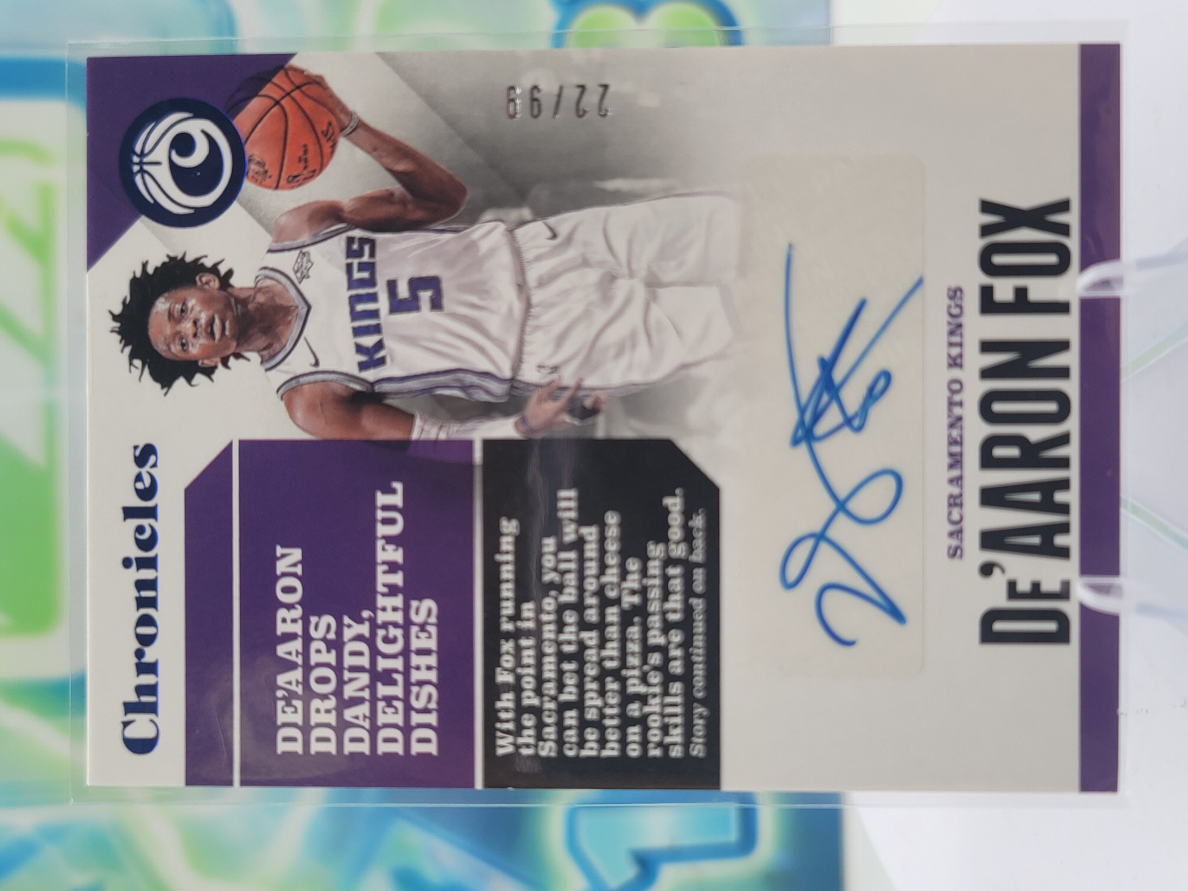 2018 Panini Chronicles De'Aaron Fox — 2018 Panini Chronicles Blue Auto De'Aaron Fox Autograph # / 99