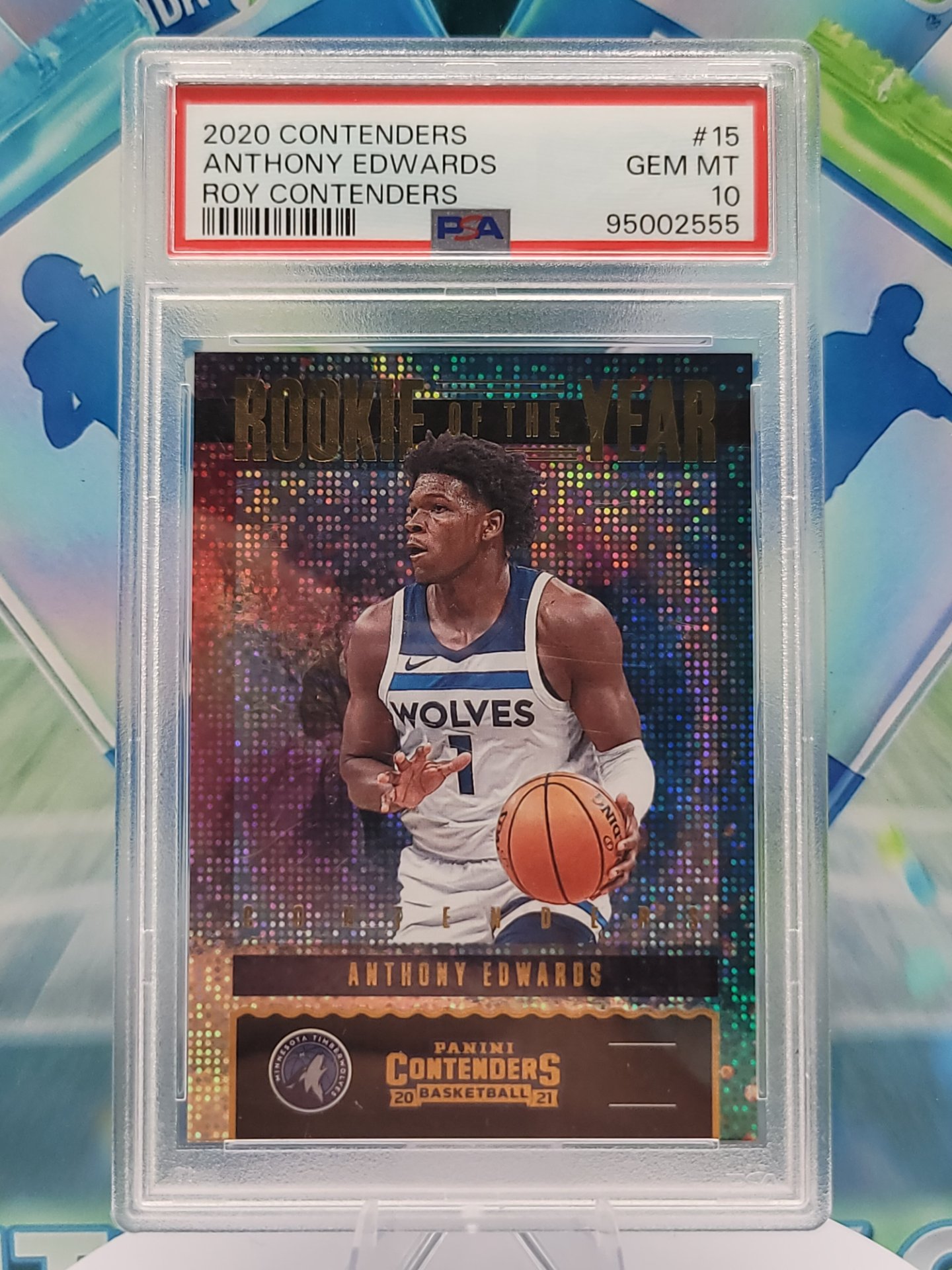 2021 Panini Contenders Anthony Edwards — 2021 Panini Contenders Rookie of the Year Pulsar Anthony Edwards Rookie PSA 10