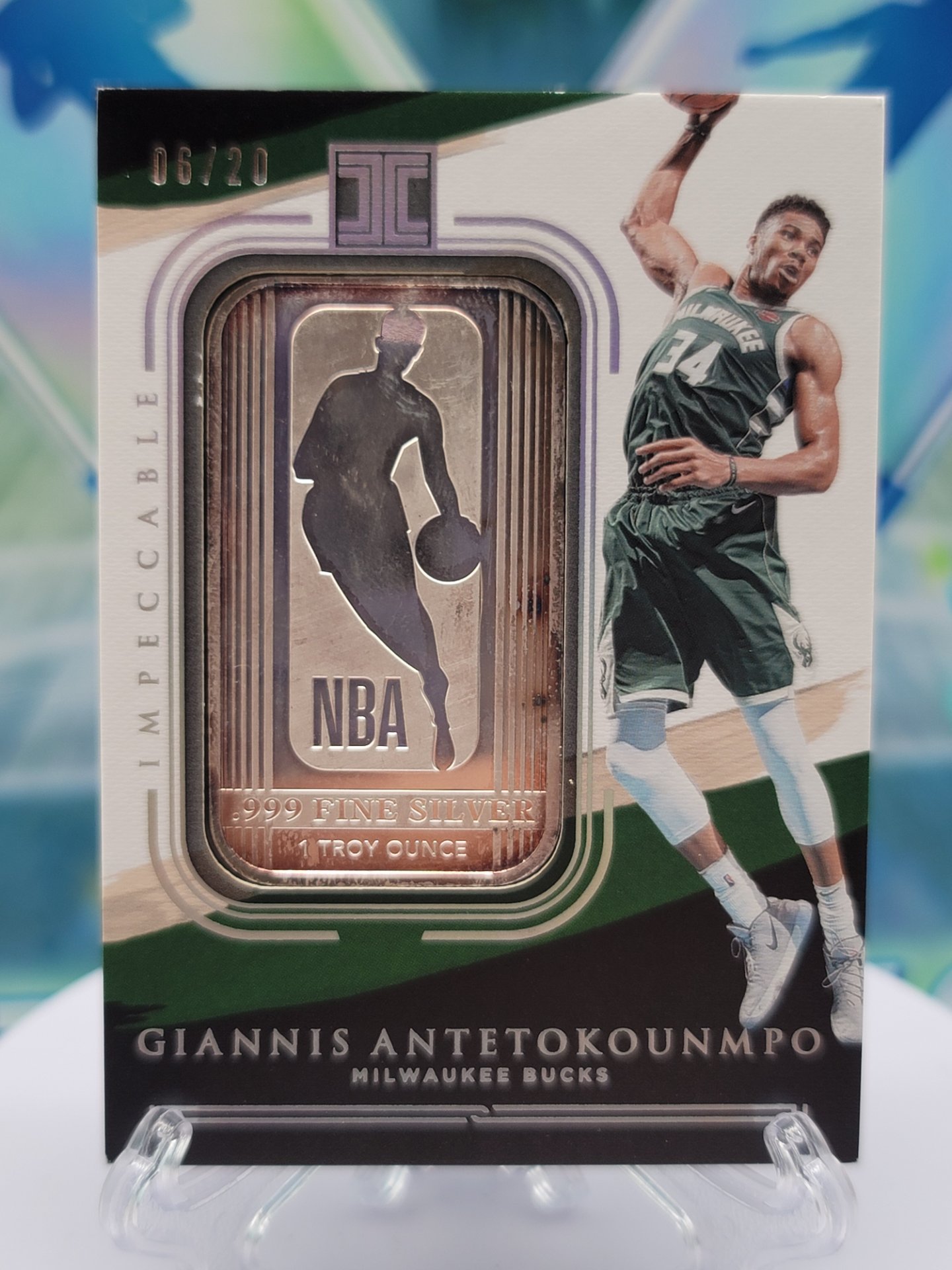 2021 Panini Impeccable Giannis Antetokounmpo — 2021 Panini Impeccable Fine Silver Relic Giannis Antetokounmpo #6 of 20 Patch/Memorabilia