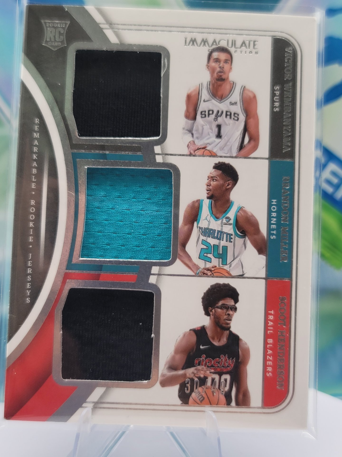 2024 Panini Immaculate Victor Wembanyama/Brandon Miller/Scoot Henderson — 2024 Panini Immaculate Remarkable Rookie Jersey Patch Victor Wembanyama/Brandon Miller/Scoot Henderson #30 of 49 Rookie