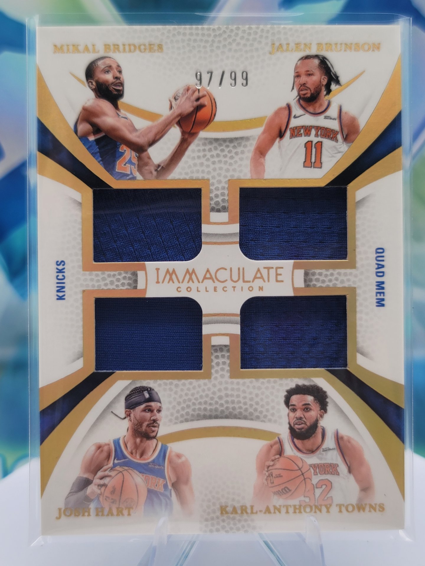 2025 Panini Immaculate Karl-Anthony Towns/Josh Hart/Jalen Brunson/Mikal Bridges — 2025 Panini Immaculate Quad Mem Patch Karl-Anthony Towns/Josh Hart/Jalen Brunson/Mikal Bridges #97 of 99 Patch/Memorabilia