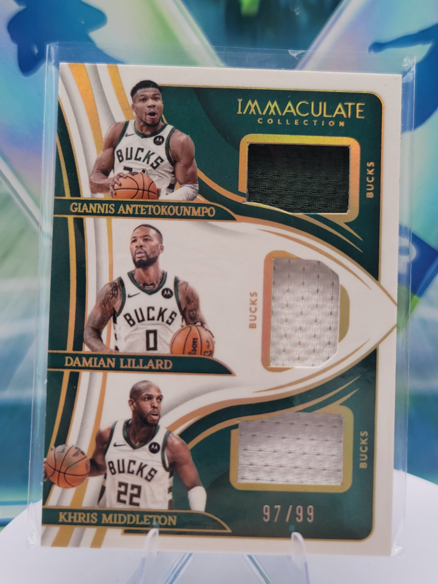 2024 Panini Immaculate Giannis Antetokounmpo/Damian Lillard/Khris Middleton — 2024 Panini Immaculate Triple Jersey Patch Giannis Antetokounmpo/Damian Lillard/Khris Middleton #97 of 99 Patch/Memorabilia